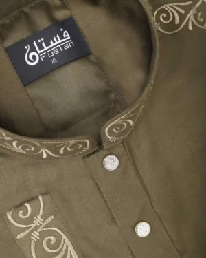 Men's Herringbone Weaved Olive Embroidery Panjabi