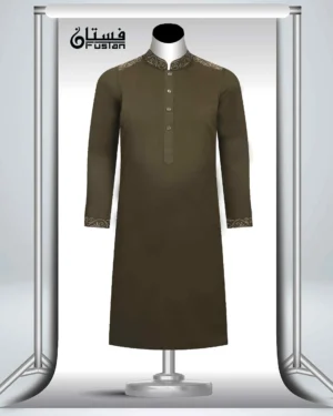 Men's Herringbone Weaved Olive Embroidery Panjabi