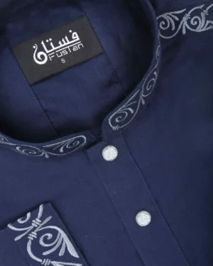 Men's Herringbone Weaved Navy Embroidery Panjabi