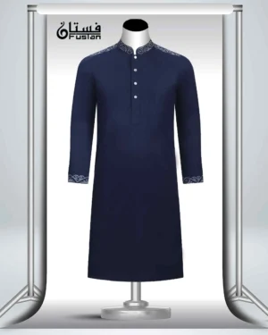 Men's Herringbone Weaved Navy Embroidery Panjabi