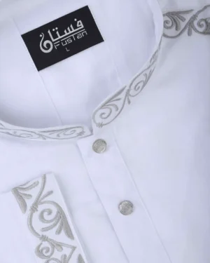 Men's Herringbone Weaved White Embroidery Panjabi