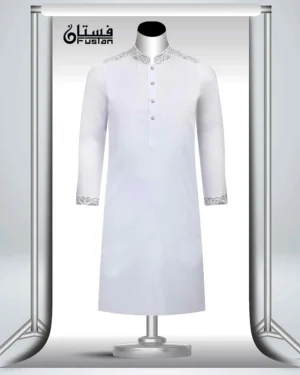 Men's Herringbone Weaved White Embroidery Panjabi